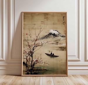 Vintage Japanese Landscape Poster, Mount Fuji Wall Art Print, Cherry Blossom Ink Painting, Traditional Asian River Scene, Unframed Decor - Etsy