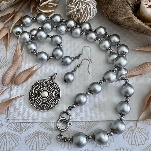 Silver Wood Bead Necklace & Earring Set: Stainless Steel Clasp - Etsy Australia