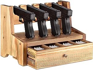 Geetery Wood Handgun Rack Pistol Rack with Drawer Handgun Holder Display Gun Stand Gun Safe Pistol Holder Safe Organizer Gun Cabinet Accessories Storage