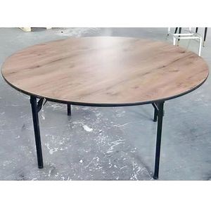 [Hot Item] Round Wood Dining Table with Wrought Iron Base Event Wedding Furniture Banquet Meeting Fireproof Board Folding Dining Table