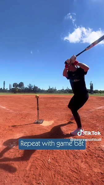 Outside tee work: low, middle, high. I’ll start as low as the tee will allow (mid thigh), move to tee above my waist and end on tee at my chest. Bat starting out to work hand path and bat speed: @CamWood Bats hands and speed trainer #hittingdrills #hitting #softball #baseball #softballdrills #baseballdrills #tannertees #camwoodbats