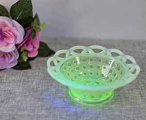 Vintage Uranium Imperial Glass Bowl Candy Trinket Dish Laced Edge Button & Cane - Etsy