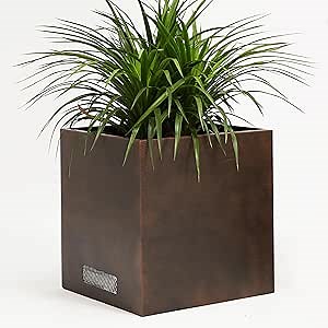 KOL Metal Square Steel Planters - 20" L.x20 W.x21 H. Modern Cube Planter Box, Large Outdoor Indoor Garden Planter for Plants Trees and Flowers - with 2 Mesh Vents - No Assembly Required - Bronze