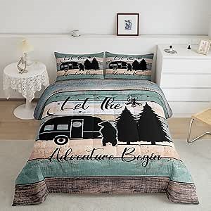 Camper Bedding 2 Pieces, Rustic Farmhouse Style Comforter Set Happy Camping Duvet Insert for Teens Adult Camping Bedding,Black Sketch Drawing Bear Decor Inner Fill Quilted Duvet, Twin Size