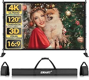 EMART Portable Projector Screen with Stand 120 inch, Outdoor Movie Screen Bundle 16:9 4K HD with Carrying Bag, Sandbags for Home Theater, Camping,Backyard Cinema Travel, Movie Nights