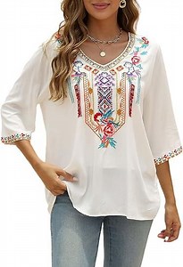 Grosy Womens Plus Size Tops 3/4 Sleeve V Neck Shirts Tunic Casual Floral Embroidered Loose Summer Fall Blouses Mexican Peasant Cotton Rayon Shirts-328/White/L - Walmart.com