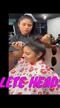 COMPLETE HEADSHAVE - strict smiling barberette shaves the head of beautiful girl