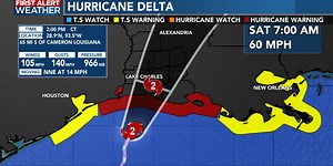 First Alert Forecast:  Delta racing to the north-northeast, slowly weakening