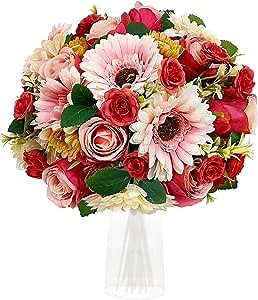 24 Heads Red Silk Flowers, Artificial Flowers Clearance, Fake Red Roses & Pink Daisies Flowers Bouquets for Indoor Home Decor, Flora Boutique by VOCOLO