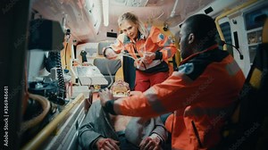 Female and Male EMS Paramedics Provide Medical Help to an Injured Patient on the Way to a Healthcare Hospital. Emergency Care Assistants Putting On Non-Invasive Ventilation Mask in an Ambulance.