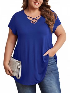 Womens Plus Size Tops Criss Cross V Neck Short Sleeve Summer Casual Blouses, Blue-3X - Walmart.com