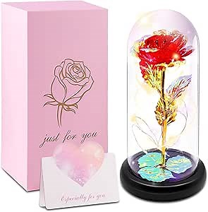 Glass Rose Gifts for Mom/Grandma/Wife, for Her with Greeting Card, Colorful Light Up Eternal Rose in A Glass Dome, Red
