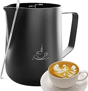 Milk Frothing Pitcher Stainless Steel Teflon Non-Stick Coating frothing Cup With Latt Art Pen（black-350ml）