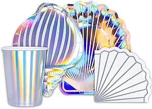 Seashell Conch Paper Plates Cups, Mermaid Party Supply, Disposable Glitter Iridescent Seashell Plates Cups for Wedding, Bridal Shower, Baby Shower, Dinner, Birthday Party Decorations 68pcs