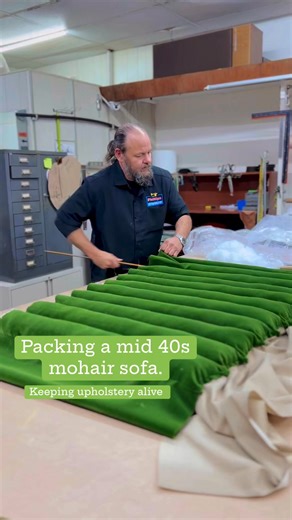 Packing a mid 40s mohair sofa. 💚 #upholstery #1940s #vintagefurniture #vintage | Phillips Custom Upholstery