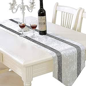 Creamy White Table Runner 120 Inches Long Elegant Rhinestone Table Runners Sequins with Diamante Strip and Tassels for Dining Table Dresser Decoration