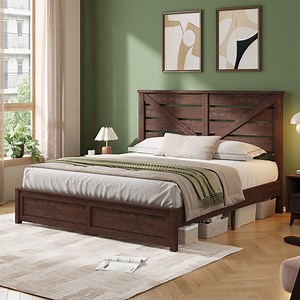 Merluxy Full Size Farmhouse Bed Frame with Barn Door Headboard, Platform Bed Frame with Wood Slats, Under Bed Storage Space, Reclaimed Barnwood