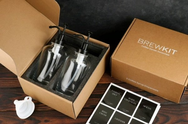 Stainless Steel Coffee Syrup Dispenser for Coffee Bar, Clear Glass Coffee Syrup Bottles - Coffee Syrup Pump Dispenser with 18 Labels and Pouring Funnel - Set of 2-16.9 Oz 500ml - Black