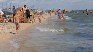 Schastlivtsevo, Ukraine - August 2, 2020: Many People on the Beach, Resting on the Sea of Azov. Crowded Sunny Beach Stock Footage - Video of leisure, dream: 195755786