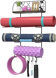 Yoga Mat Storage Rack, Brown Wooden Shelves and Metal Racks, Large Capacity, Sturdy and Durable, Multifunctional Home Gym Storage