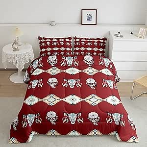 Aztec Bedding Set Full,Southwestern Comforter Set Exotic Bull Skull Duvet Insert for Kids Child,Dream Catchers Bed Quilt Ethnic Tribal Feather Design Western Animals Room Decor,Red