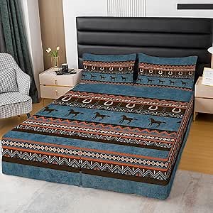 Western Bed Skirt Aztec Horse Bedskirt for Kids Adult Cowboy Cowgirl Southwestern Native Bedding Bed Skirts Retro Boho Ethnic Tribal Dust Ruffle Fitted Sheet Turquoise Blue Bedroom Decor Full Size