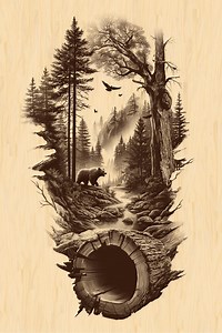 Bear Forest Engraving PNG | Mountain Wilderness Rustic Landscape Digital Download | Hollow Log Nature Scene - Etsy