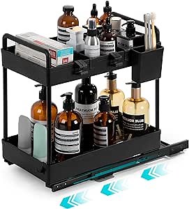 Amazon.com: Under Sink Sliding Storage Shelf, 2-Tier Large Capacity Under Cabinet Organizers【Latest Styles with Hooks and Silent Sliding Type】Easy to Install Under Sink Drawer Storage Rack for Bathroom Kitchen: Home & Kitchen