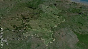 Badulla, district with its capital, zoomed and extruded on the satellite map of Sri Lanka in the conformal Stereographic projection. Animation 3D