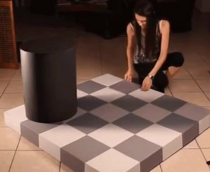 The Adelson illusion It's a clear illustration of the subjectivity of our perception. We can realize with our mind that the squares are the same, we can measure their sameness with an instrument, but we perceive them, nevertheless, as different. That is, we "clearly" see something that is not really there. | Physics is Fun 2