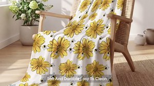 Horaldaily Spring Summer Flannel Blanket Throw, Yellow Sunflower Bumble Bee White Fall Soft Fuzzy Plush Cozy Fleece Blankets for Couch Sofa Bed Lounging, Ideal Gifts for Kids Adults Self, 50x60