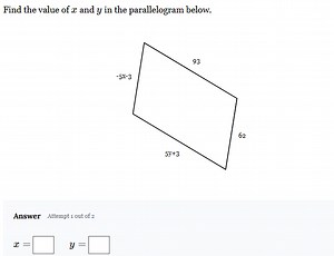 Find the value of x and y in the parallelogram below.(Diagram... | Filo