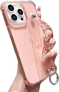 for iPhone 13 Pro Max Case Clear Glitter with Strap, Soft Silicone Back Cover, Adjustable Hand Strap for Women Girls Sparkle Bling TPU Protective Phone Case for iPhone 13 Pro Max 6.7", Pink