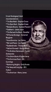 Hemingway recommended these books to Arnold Samuelson, a young journalism graduate who visited him in 1934.Ernest Hemingway’s book recommendations:* The Blue Hotel – Stephen Crane* The Open Boat – Stephen Crane* Madame Bovary – Gustave Flaubert* Dubliners – James Joyce* The Red and the Black – Stendhal* Of Human Bondage – Somerset Maugham* Anna Karenina – Leo Tolstoy* War and Peace – Leo Tolstoy* Buddenbrooks – Thomas Mann* Hail and Farewell – George Moore* The Brothers Karamazov – Fyodor Dostoy