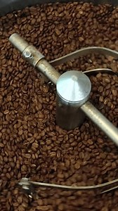 Roasting coffee beans in the roaster that is hot and rotating