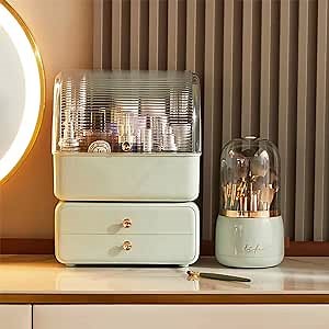 Makeup Organizer for Vanity with Makeup Brush Holder, Function makeup case organizer Countertop Dustproof Cosmetic Display Cases, cosmetic Organizer skin care Organizer Jewelry-green