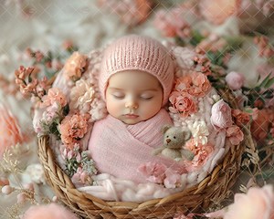 Newborn Digital Backdrop Face Insert, PNG Baby Girl Photography, Add Face Photo Prop Composite, Floral Backdrop, Baby Pink Teddy Bear - Etsy