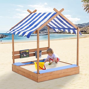 Sandbox with Lid and Cover, 49" Kids Large Wooden Sand Box with Liner, Drawing Board, Sink, House Design, Sand Boxes Play Toys for Backyard Garden Beach, Sand Pit for Beach Patio Outdoor