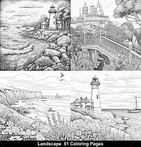 51 Landscape Coloring Pages, Scenic Beaches Mountains Flower Gardens Villas Farms Rivers Lakes Ocean Sea Birds Lighthouse A4 PDF JPG - Etsy