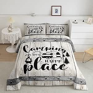 Amazon.com: Happy Camping Comforter Set Full Size,Wooden Plank Pine Trees Rustic Farmhouse Bedding Set 3pcs for Kids Boys Girls Adults,Camper RV Trailer Decor Down Comforter,Retro Duvet Insert,2 Pillowcases : Home & Kitchen
