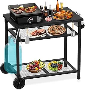 Outdoor Grill Cart Table -Three Shelf Movable Pizza Oven Stand 33" L x 20" W x 29.9" H with Wheels Dining Cart, Grill Prep Table for Outside Patio, Camping