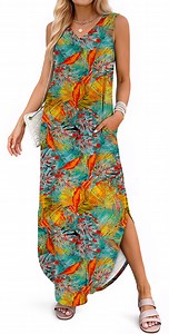Fantaslook Summer Maxi Dresses for Women V Neck Tank Dress Vacation Beach Floral Sundresses with Pockets