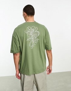 ASOS DESIGN – Oversize-T-Shirt in Khaki mit Rosen- und Schlangen-Grafikprint auf dem Rücken | ASOS