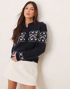 Miss Selfridge knitted bow pattern cardigan in navy | ASOS