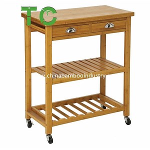 [Hot Item] Bamboo Serving Trolley Kitchen Cart with Two Shelves and Two Drawers Serving Trolley Kitchen Trolley Multifunction Rolling Kitchen Cart