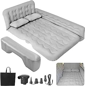 SUV Air Mattress - Thickened and Double Car Air Mattress Sided Flocking Travel Inflatable Car Mattress Bed with Electric Air Pump and 2 Pillows, Car Sleeping Bed for Home Outdoor and Travel-Grey