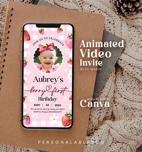 Editable Berry First Birthday Invitation Animated Strawberry 1st Digital Invite Photo Personalables Red Farmers Market Template Girls Fsrg01 - Etsy