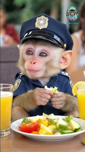 Adorable Baby Monkey Police Officer Enjoying a Healthy Lunch 🚓🥗🐒