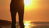 Cropped view silhouette woman in summer short dress standing on beach...