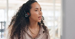 Contact us, telemarketing and crm, woman at customer service agency with headset in advisory office. Happy to help, call center agent or sales consultant on phone call, support and consulting online.
